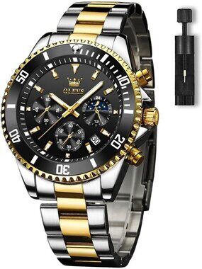 Men's Black Premium Gold and Silver Stainless Analog Rotatable Round Steel Watch